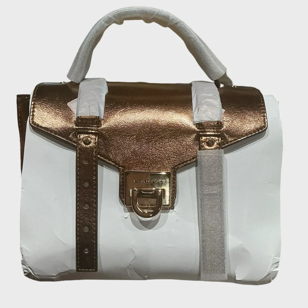 Michael Kors Manhattan Medium Satchel Mocha Leather Gold NWT